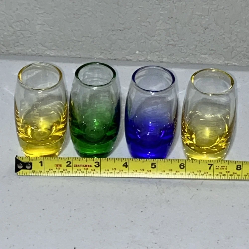 Set Of 4 Carnival Cruise Line Shot Glasses Heavy Weighted Yellow Blue Green 3.5